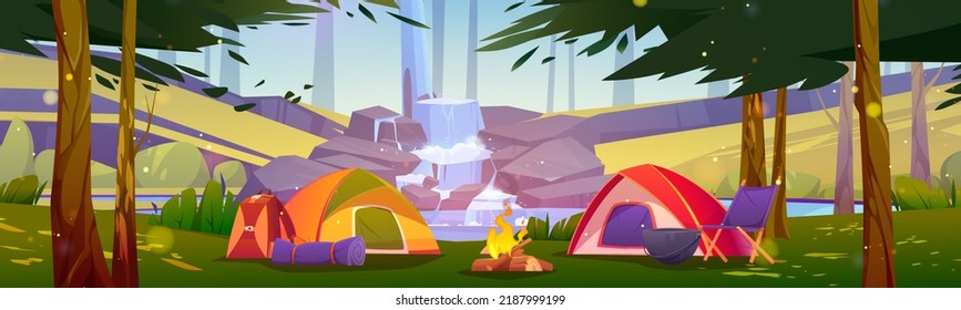 Camping tents with campfire and tourist stuff in forest with waterfall cascade. Traveler halt with chair, rucksack on nature landscape scenery view, summer hiking, travel, Cartoon vector illustration