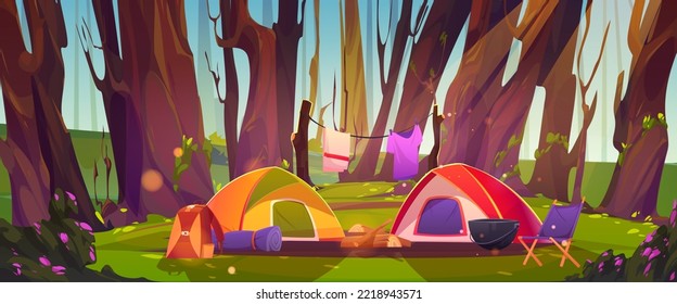 Camping tents with campfire and tourist stuff at forest field. Traveler halt with chair, drying clothes, logs and rucksack on nature landscape with trees. Summer travel cartoon vector illustration