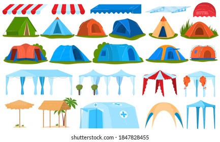 Camping tents, canopy, awning set of isolated vector illustrations. Tourist tent outdoor with canopy, roof, shape of nylon dome hemisphere, medical tent, for restaurants and houses.