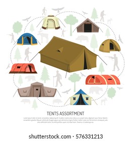 Camping tents for every purpose and capacity including tunnel dome pyramid models circle composition advertisement poster vector illustration 