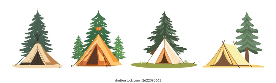 Camping Tents in the Forest: Nature Scenery Illustrations