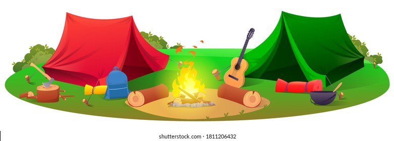 Camping with tents, hiking equipment tents, tools. Tent, forest, sky, camping, burning fire. Camping theme. Vector illustration