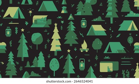 Camping tents illuminate dark wilderness backdrop showcasing outdoor adventure