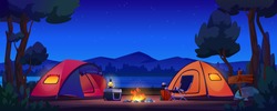 Camping Tents On River Bank, Mountains And Night Sky On Background, Bonfire And Lantern Lamp On Portable Fridge, Chair And Flashlight. Vector Forest Scenery, Trees And Lake, Hiking Tourism, Picnic