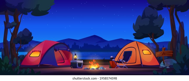 Camping tents on river bank, mountains and night sky on background, bonfire and lantern lamp on portable fridge, chair and flashlight. Vector forest scenery, trees and lake, hiking tourism, picnic
