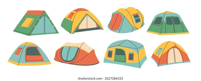 Tendas de campismo. Simples ilustração vetorial plana de cúpula colorida e tendas A-frame para aventura ao ar livre, caminhadas e acampamento. Conceito de viagem de verão, exploração de natureza selvagem e viagem pela natureza