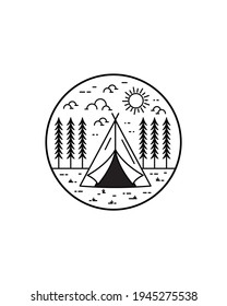 camping tents and trees wild line badge patch pin graphic illustration vector art t-shirt design