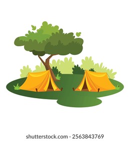 camping tents in woods flat vector illustration