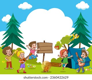 Camping theme with happy children in the forest vector illustration graphic design