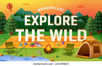 Camping theme typography. Explore the wild script design on papercut style nature landscape with camping scene setting.