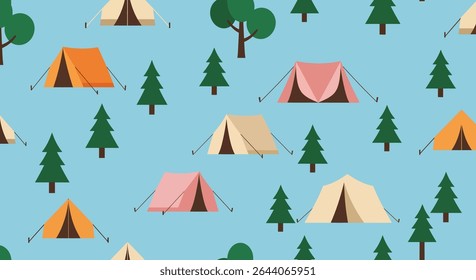 A camping themed pattern with tents in orange, pink, beige and green, and trees on a light blue background.