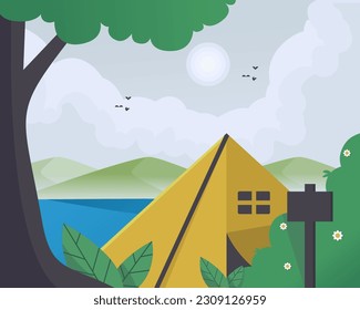 paisaje vectorial temático de camping. Con el telón de fondo de montañas, bosques y lagos serenos, esta ilustración vectorial es perfecta para folletos de viaje, sitios de acampada, al aire libre 