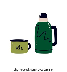 Camping thermos and enameled mug, flat vector illustration. Thermos insolated on a white background.