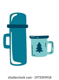 Camping thermos and enameled mug. Travel set with thermos. Take away coffee or tea. Winter or camping traditional warming drink. Hiking hot beverage or tea flask icons. Flat vector illustration.