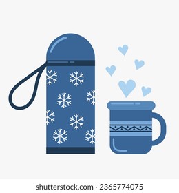 Camping thermos and enameled mug. Travel set with thermos. Take away coffee or tea. Winter or camping traditional warming drink. Hiking hot beverage or tea flask icons. Flat vector illustration.