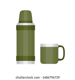 Camping thermos and mug isolated on white. Simple vector icon. Flat illustration.