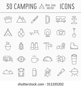 Camping Thin Line Icon Set Of Mountain Exploration Or Scout Elements. Travel, Hiking, Climbing Outline Pictograms For Adventure Web And Applications. Tourist Outdoor Activities Equipment.