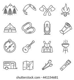 camping thin line icons set. Summer camping outdoors on a white background