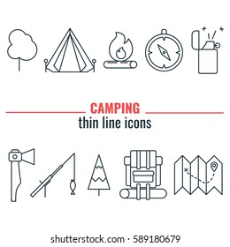 Camping thin line icons set. Icons of trees, tent, fire, compass, map, lighter, the axe, fishing rod, backpack. Flat design,