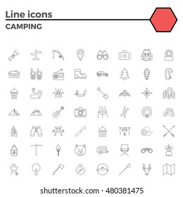 Camping Thin Line Related Icons Set on White Background. Simple Mono Linear Pictogram Pack Stroke Vector Logo Concept for Web Graphics.