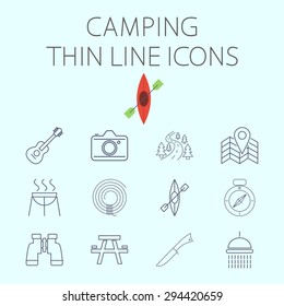 Camping thin line vector icon for web and mobile applications. Set includes - binoculars, guitar, cam, road, map pin, BBQ, rope, kayak, compass, table, knife, shower. Pictogram, infographic element