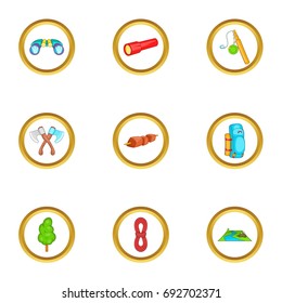 Camping things icons set. Cartoon set of 9 camping things vector icons for web isolated on white background