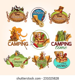 Camping time best fine summer picnic sketch colored emblems set isolated vector illustration