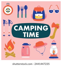 camping time. a bright set with camping things vector illustration