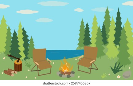Camping time in forest. Cartoon vector illustration of chairs near bonfire. Summer camper vacation or picnic