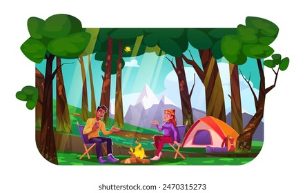 Camping time in forest at foot of mountains. Cartoon vector illustration of young couple sitting on chairs near bonfire and tent. Summer camper vacation or picnic with man and woman talking.