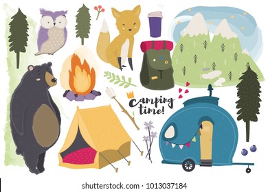 It's camping time! Hand drawn colored vector set. All elements are isolated