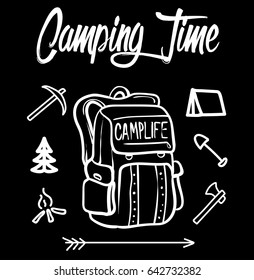 Camping time illustration, fully scalable. Use it for T-shirt print, change colours and text. Vector pattern.