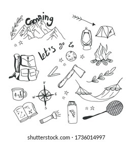 Tiempo de acampada. Camping imágenes aisladas con útiles herramientas de verano, equipo de viaje, fogata y carpas.Ilustración vectorial.