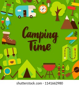 Camping Time Lettering Postcard. Vector Illustration of Flat Style Adventure Poster.