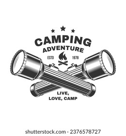 Camping time. Live, love, camp. Outdoor adventure. Vector illustration. Concept for shirt or logo, print, stamp, patch or tee. Vintage typography design with camping flashlight silhouette