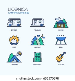 Camping Time - modern vector line flat design icons set. Outdoor activity symbols - camper, trailer, house, tree, forest, vehicle, bonfire, nature, BBQ, grill, mountain, sun, backpack, guitar, music