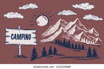 Camping time in nature, Mountain landscape, sketch style, vector illustrations.	