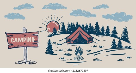 Camping time in nature, Mountain landscape, sketch style, vector illustrations.	