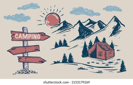 Camping time in nature, Mountain landscape, sketch style, vector illustrations.	