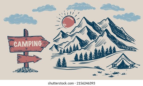 Camping time in nature, Mountain landscape, sketch style, vector illustrations.	
