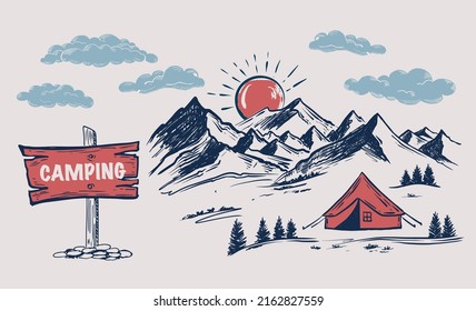 Camping time in nature, Mountain landscape, sketch style, vector illustrations.	