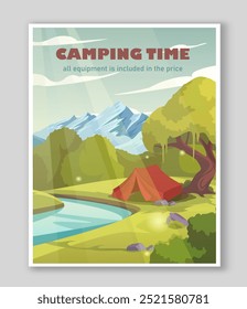 Afiche de la hora de acampar. Carpa roja cerca del río y la montaña. Estilo de vida activo, senderismo y camping. Hermoso paisaje natural. Viaje y viaje. Folleto y folleto. Ilustración vectorial plana