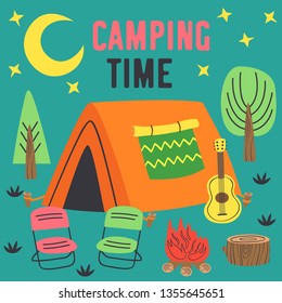 camping time poster with a tent in night - vector illustration, eps