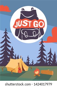 Camping time poster vector ilustration. Night landscape with tent, campfire, guitar and forest. Background for summer camp, nature tourism, camping or hiking flyer, banner. Just go motivation.