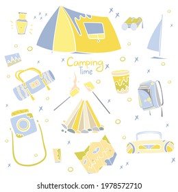 Camping time set of equipment for summer vacation in Scandinavian style vector. Yellow blue tent, bonfire, backpack, map contourless isolated objects. Hiking Gear and supplies, sport windsurf board.