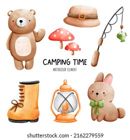 Camping Time Watercolor Element With Cute Bear And Rabbit. Vector Illustration