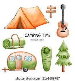 Camping Time Watercolor Element. Vector Illustration