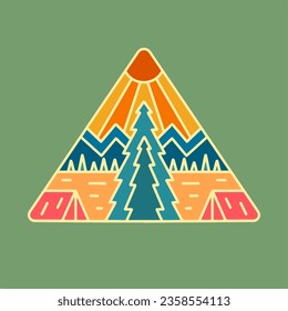 Camping together under mountain mono line  vector illustration for t shirt patch badge design