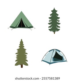 Camping Tool Elements Set of Camp Tent Pine Fir Conifer Tree