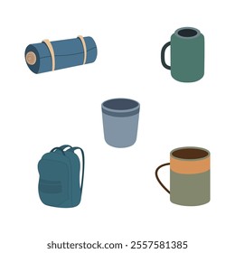 Camping Tool Elements Set of Cup Mug Glass Backpack Mat